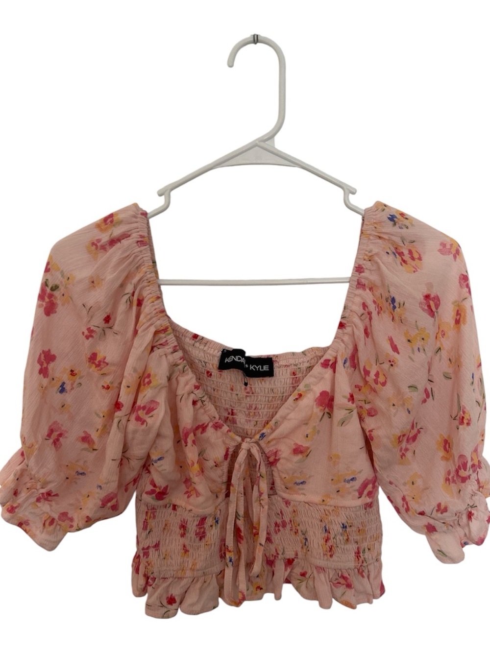 Kendall & Kylie Blush Pink Floral Puff-Sleeve Crop Top